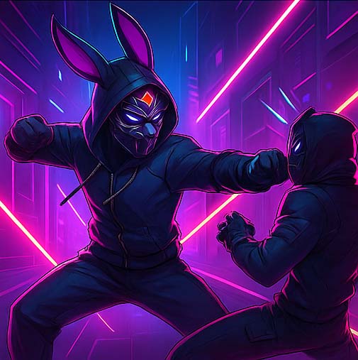 Jisdu striking a hooded attacker in a neon city